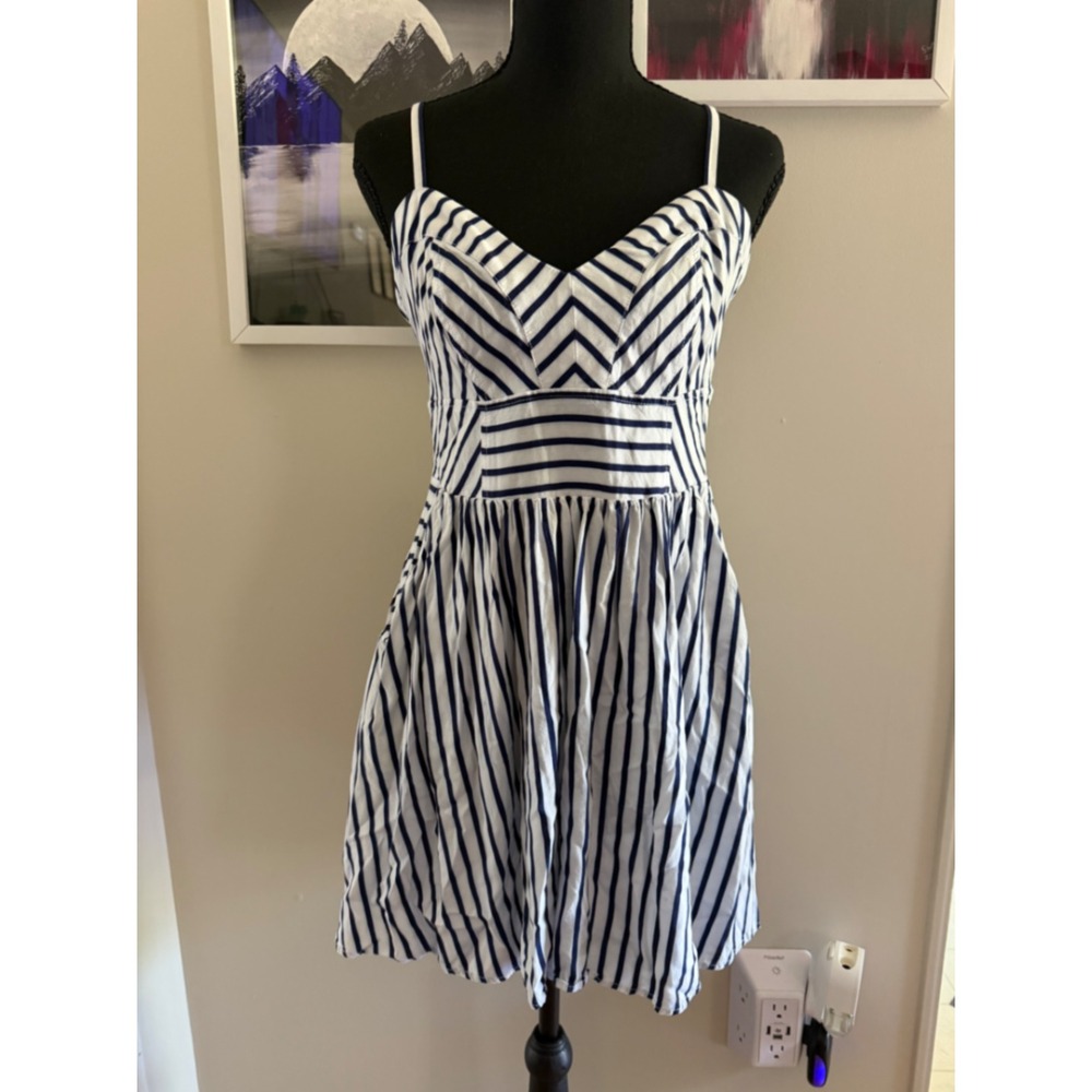 Express Womens Blue White Striped Fit Flare Mini Dress Smocked Back W/ Pockets M